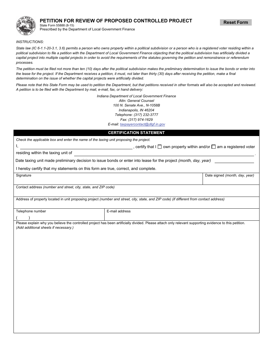 State Form 55888 Petition for Review of Proposed Controlled Project - Indiana, Page 1