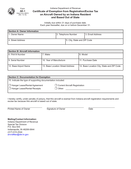 Form AE-1 (State Form 46815)  Printable Pdf