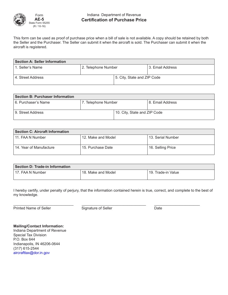 Form AE-5 (State Form 55255) Certification of Purchase Price - Indiana, Page 1