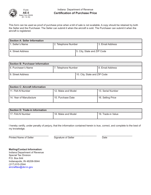 Form AE-5 (State Form 55255)  Printable Pdf