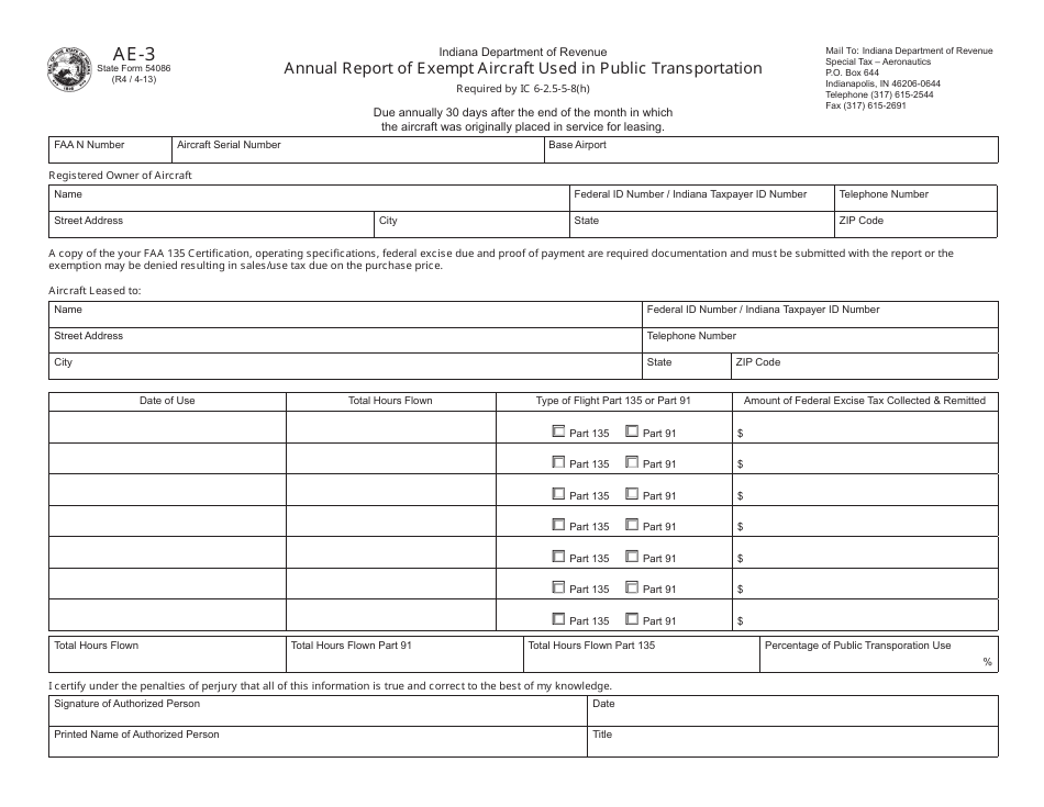 Form AE-3 (State Form 54086) Annual Report of Exempt Aircraft Used in Public Transportation - Indiana, Page 1