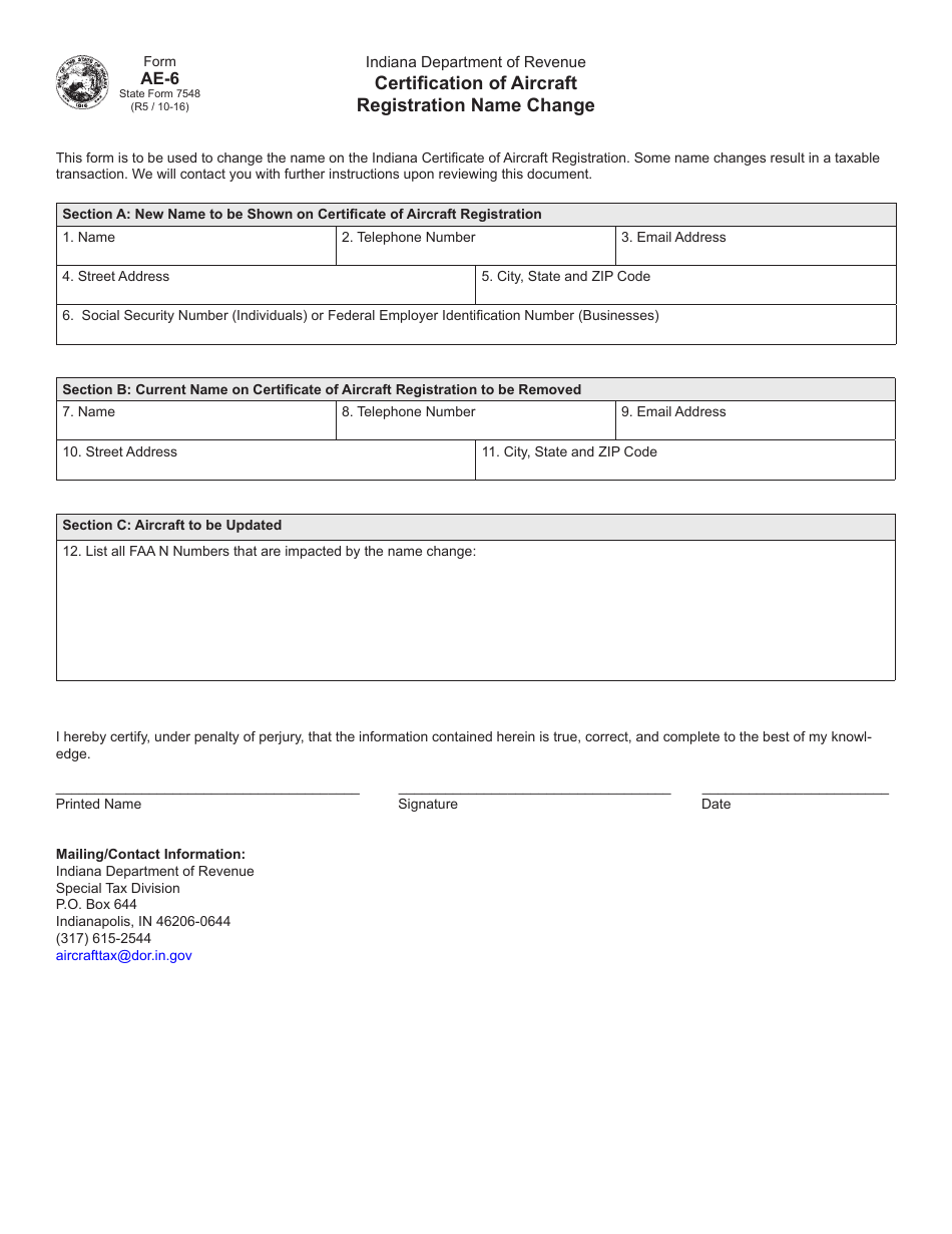 Form AE-6 (State Form 7548) Certificate of Aircraft Registration Name Change - Indiana, Page 1