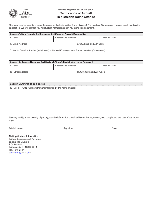 Form AE-6 (State Form 7548)  Printable Pdf