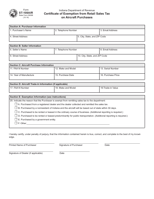 Form ST-108AIR (State Form 56098)  Printable Pdf