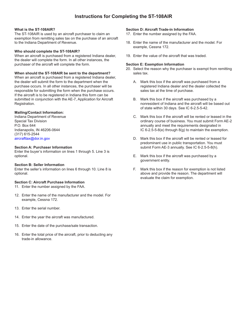 Form ST-108AIR (State Form 56098) Certificate of Exemption From Retail Sales Tax on Aircraft Purchases - Indiana, Page 2