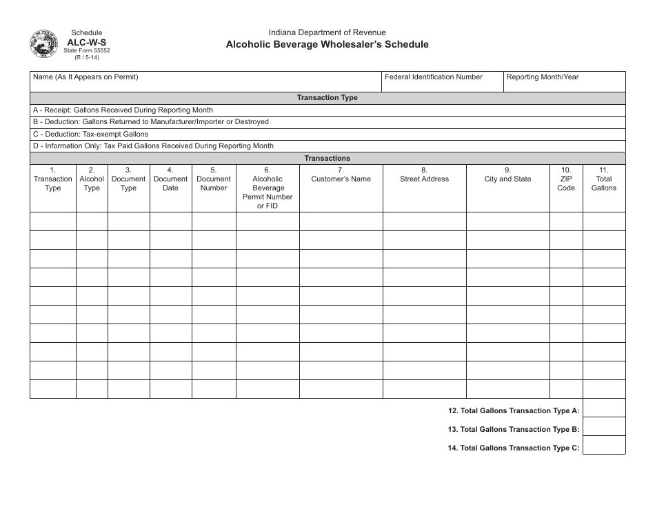 State Form 55552 (ALC-W) Schedule ALC-W-S Alcoholic Beverage Wholesalers Schedule - Indiana, Page 1