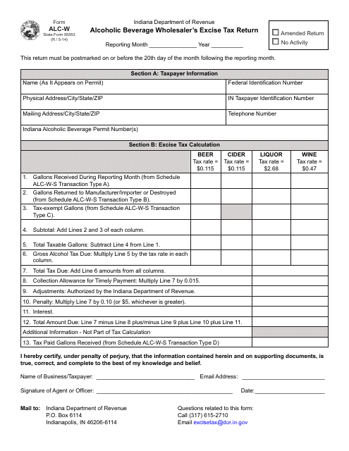 Form ALC-W (State Form 55553) Alcoholic Beverage Wholesaler's Excise Tax Return - Indiana