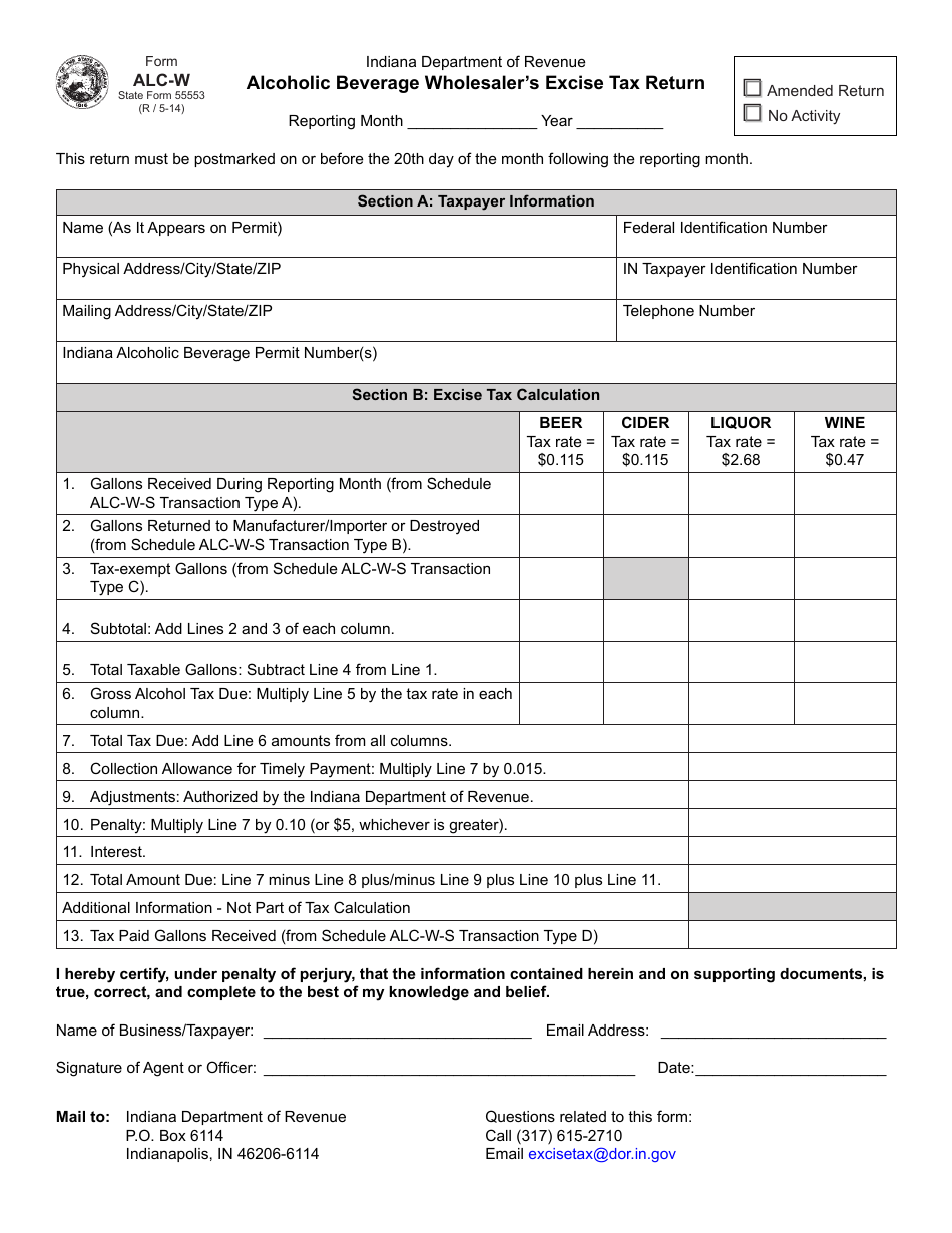 Form ALC-W (State Form 55553) Alcoholic Beverage Wholesalers Excise Tax Return - Indiana, Page 1