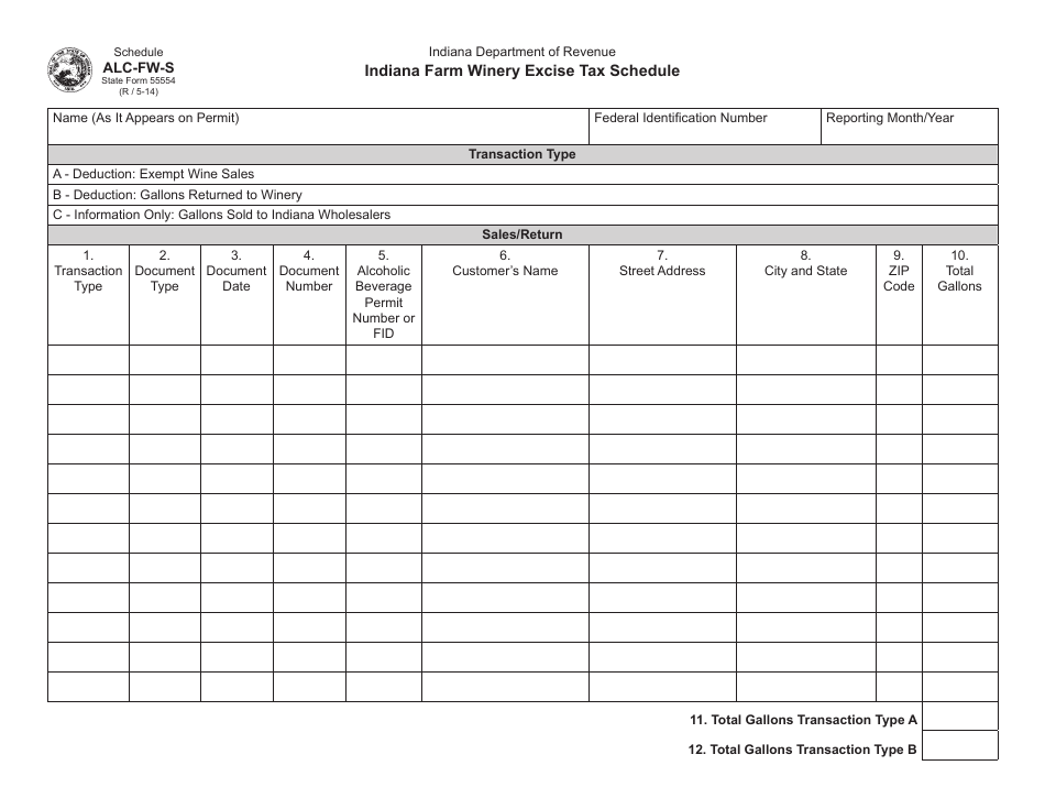 State Form 55554 (ALC-FW) Schedule ALC-FW-S Indiana Farm Winery Excise Tax Schedule - Indiana, Page 1