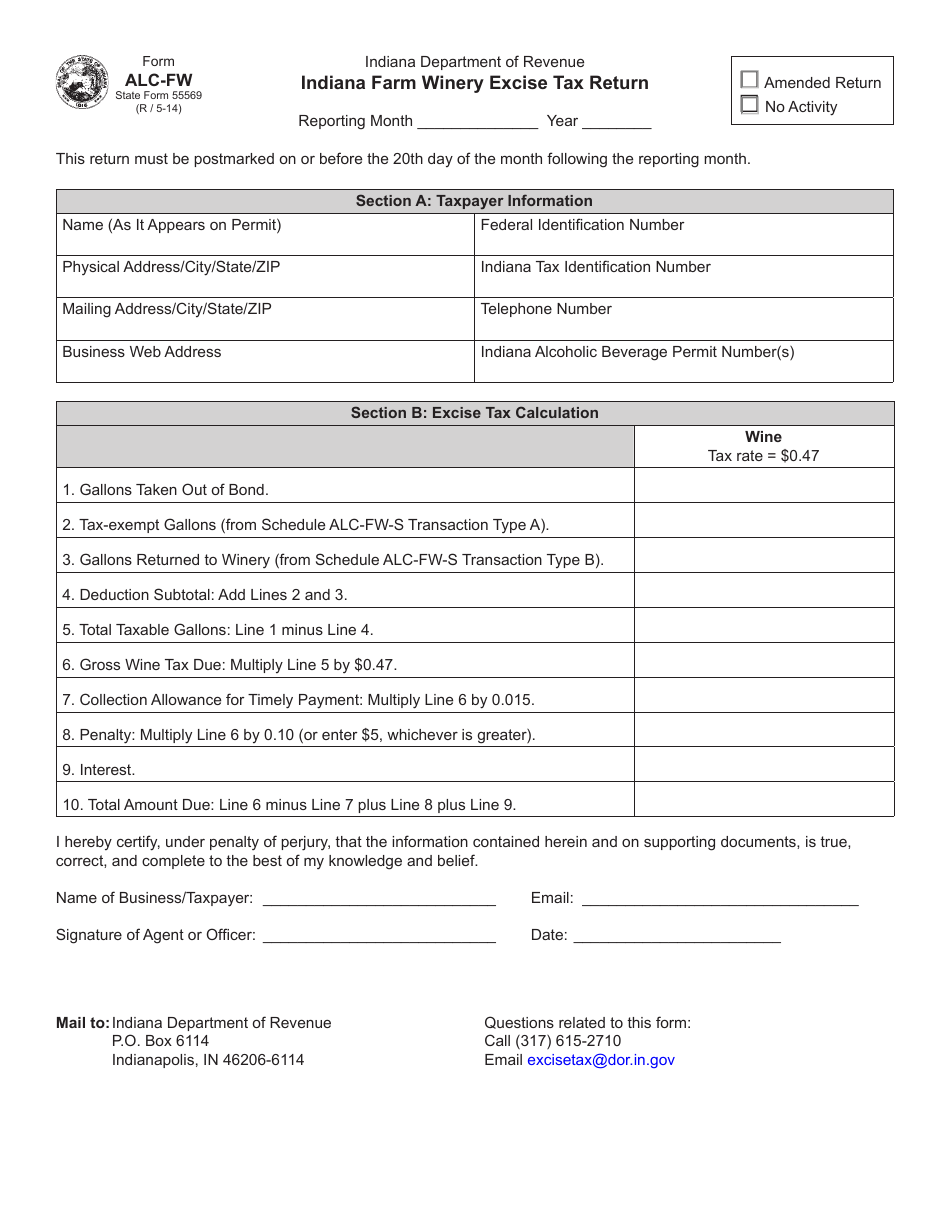 Form ALC-FW (State Form 55569) Indiana Farm Winery Excise Tax Return - Indiana, Page 1