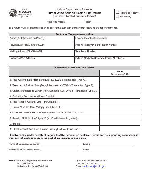 Form ALC-DWS (State Form 55556) Monthly Excise Tax Return for Out-of-State Direct Wine Sellers - Indiana