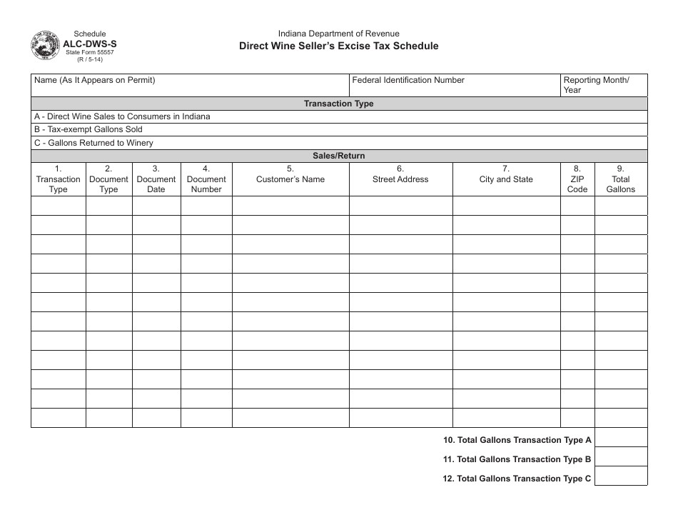 State Form 55557 Schedule ALC-DWS-S Direct Wine Sellers Excise Tax Schedule - Indiana, Page 1