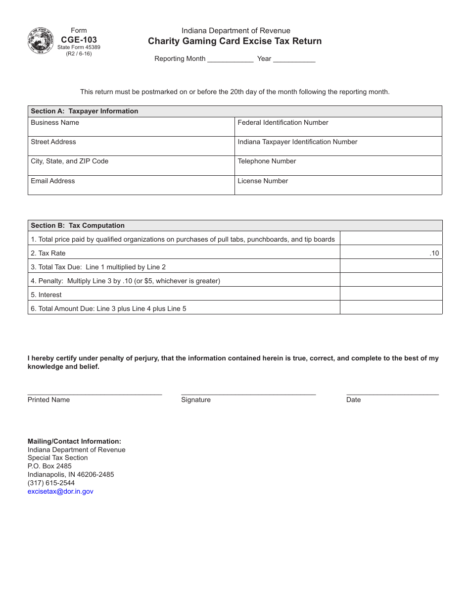 Form CGE-103 (State Form 45389) Charity Gaming Card Excise Tax Return - Indiana, Page 1