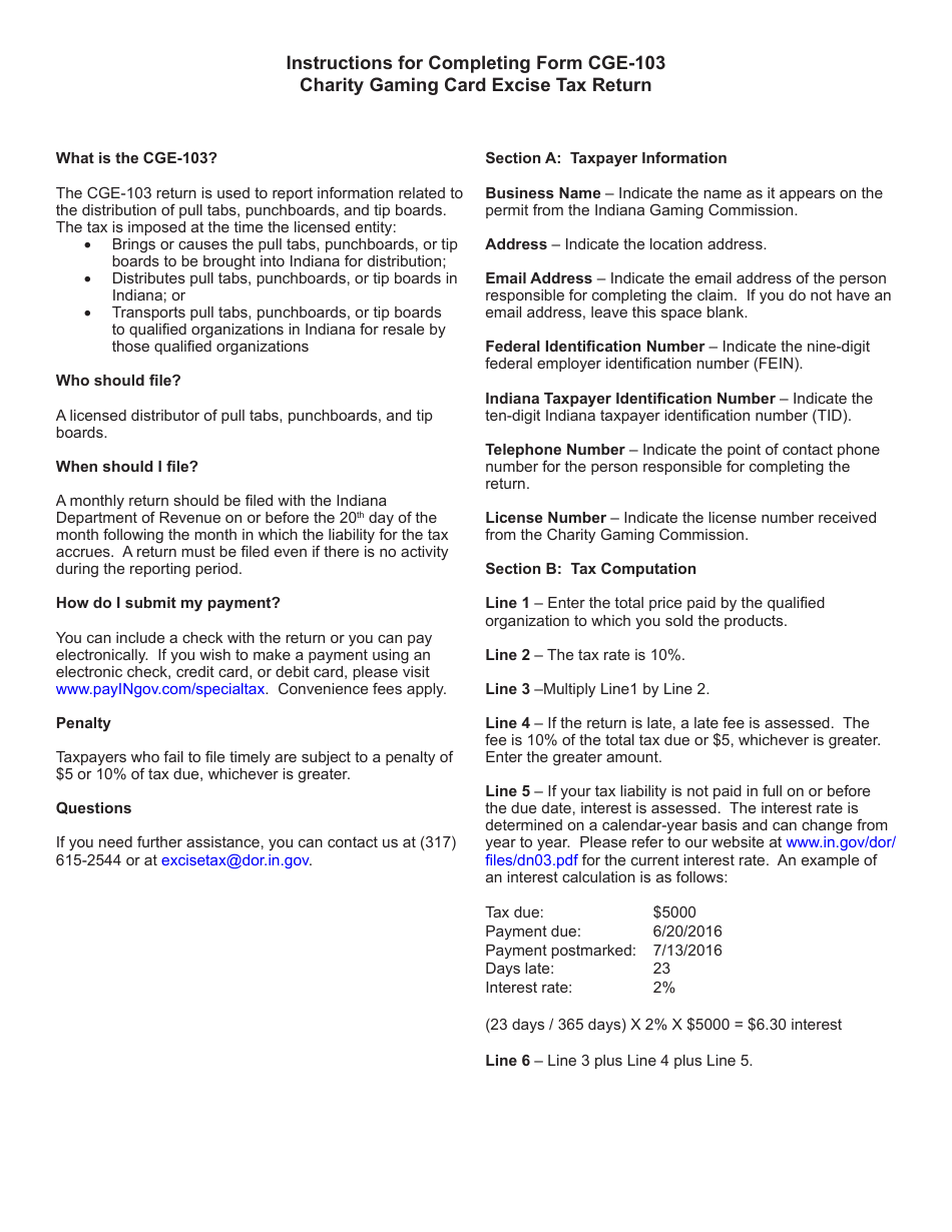 Form CGE-103 (State Form 45389) Charity Gaming Card Excise Tax Return - Indiana, Page 2