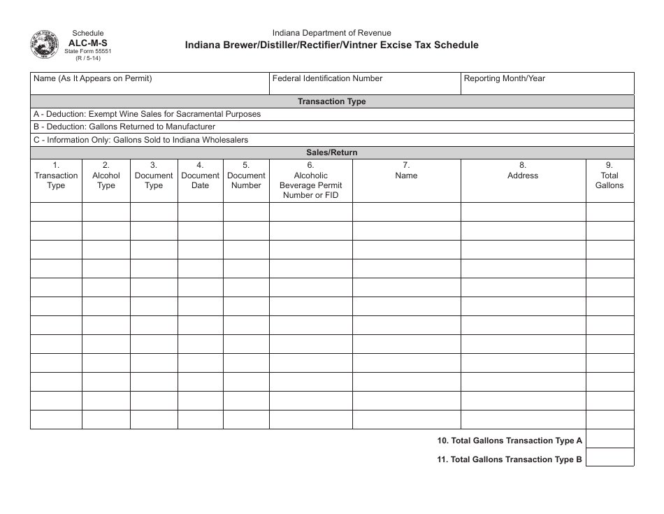 Form ALC-M (State Form 55551) Schedule ALC-M-S Indiana Brewer / Distiller / Rectifier / Vintner Excise Tax Schedule - Indiana, Page 1