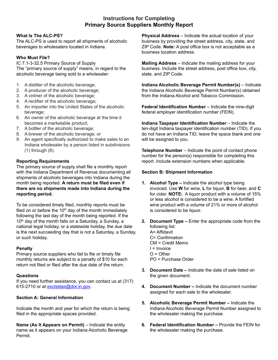 Form ALC-PS (State Form 55570) Primary Source Suppliers Monthly Report - Indiana, Page 2