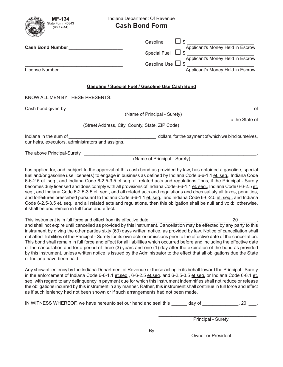Form MF-134 (State Form 46843) Cash Bond Form - Indiana, Page 1