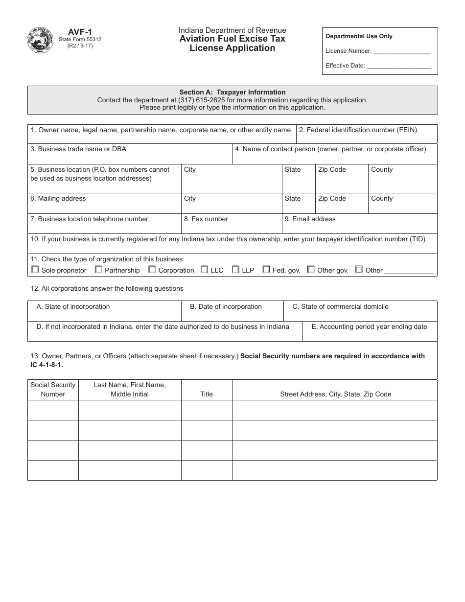 Form AVF-1 (State Form 55312) Aviation Fuel Excise Tax License Application - Indiana, Page 1