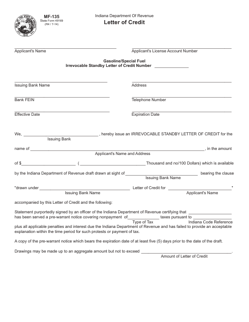 Form MF-135 (State Form 49169) Irrevocable Standby Letter of Credit - Indiana