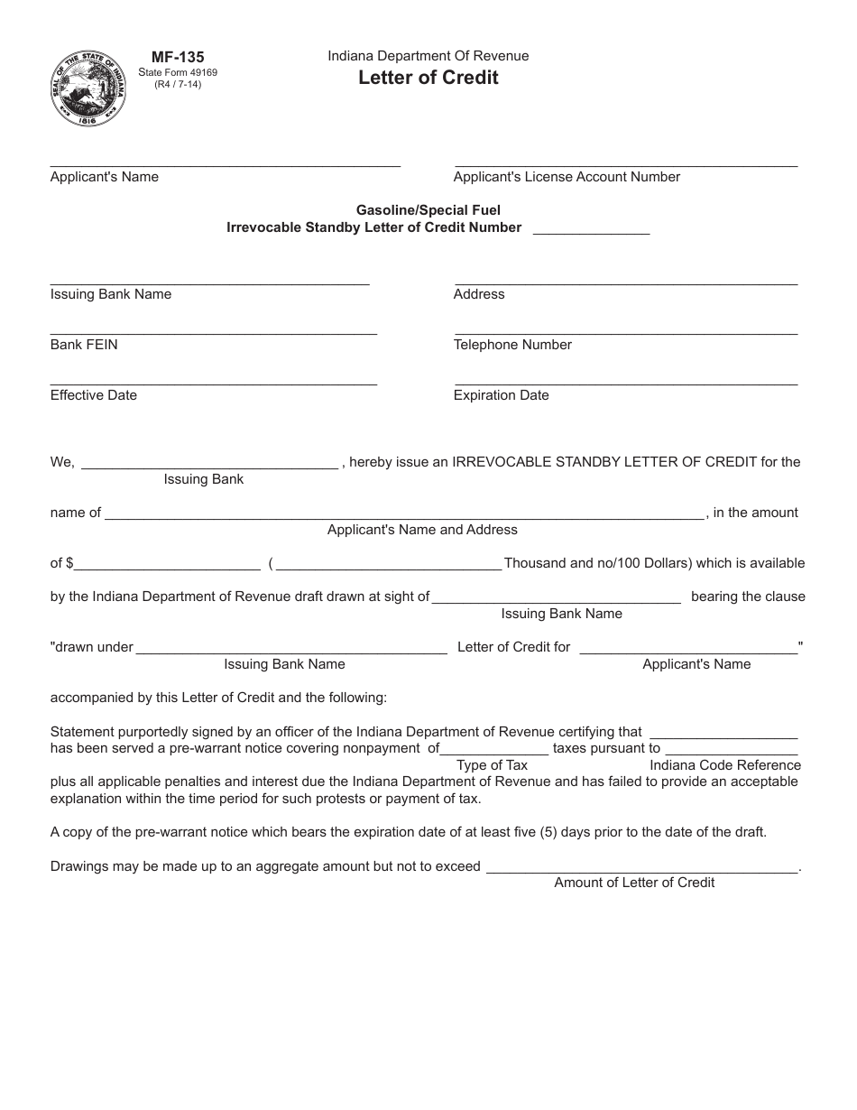 Form MF-135 (State Form 49169) Irrevocable Standby Letter of Credit - Indiana, Page 1