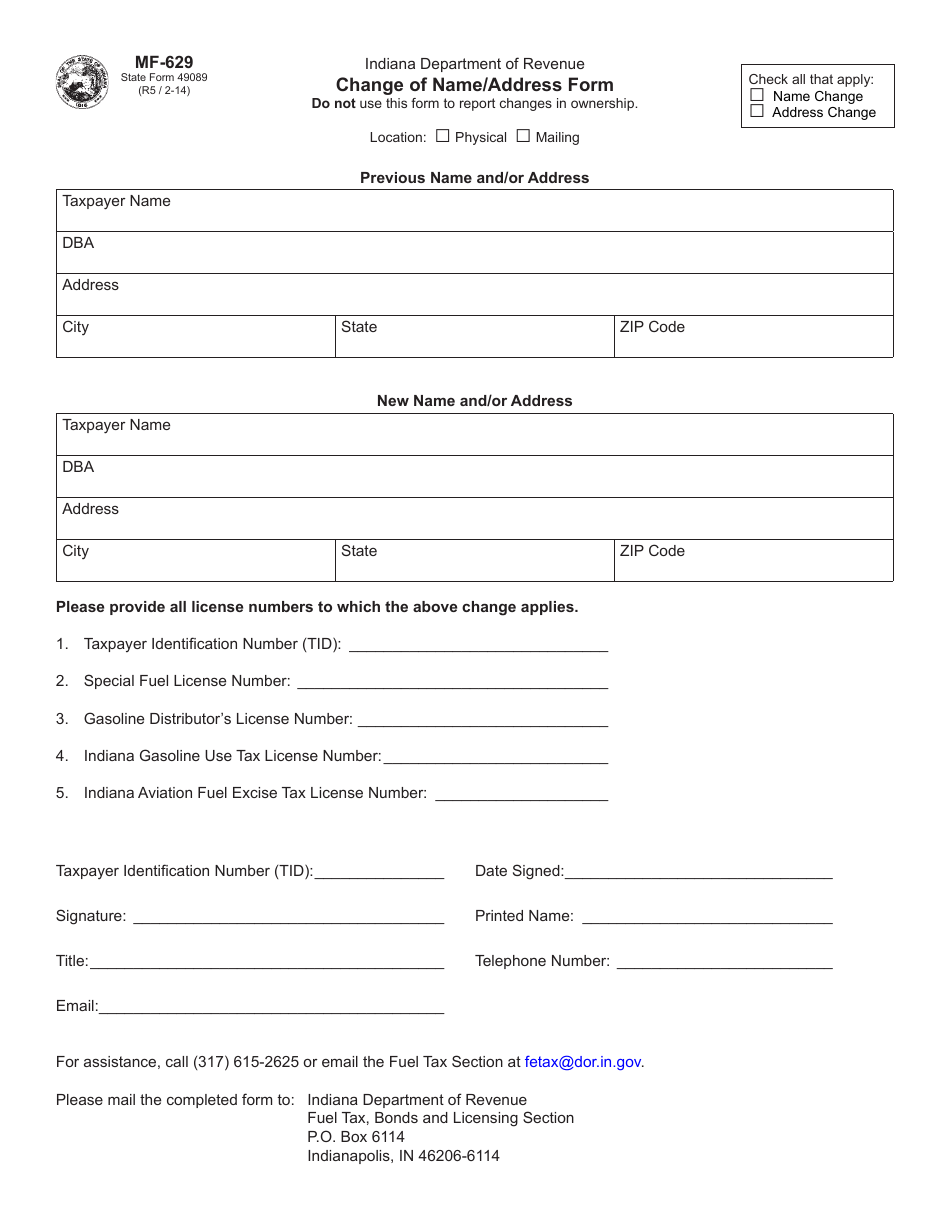 Form MF-629 (State Form 49089) Change of Name / Address Form - Indiana, Page 1