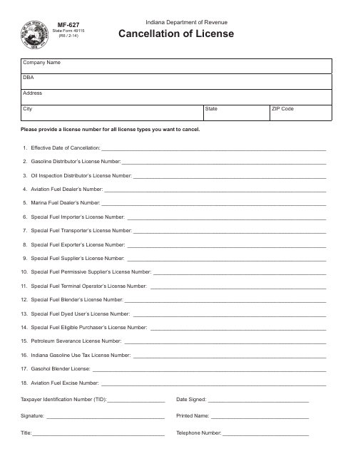 Form MF-627 (State Form 49115)  Printable Pdf