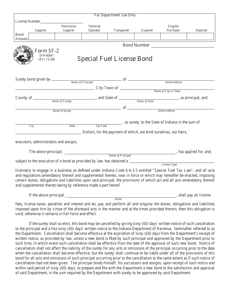 Form SF-2 (State Form 46841) Special Fuel License Bond - Indiana, Page 1