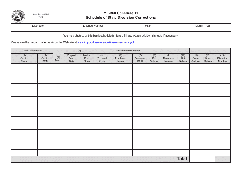 Form MF-360 (State Form 55345) Schedule 11  Printable Pdf