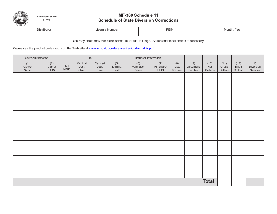 Form MF-360 (State Form 55345) Schedule 11 Schedule of State Diversion Corrections - Indiana, Page 1
