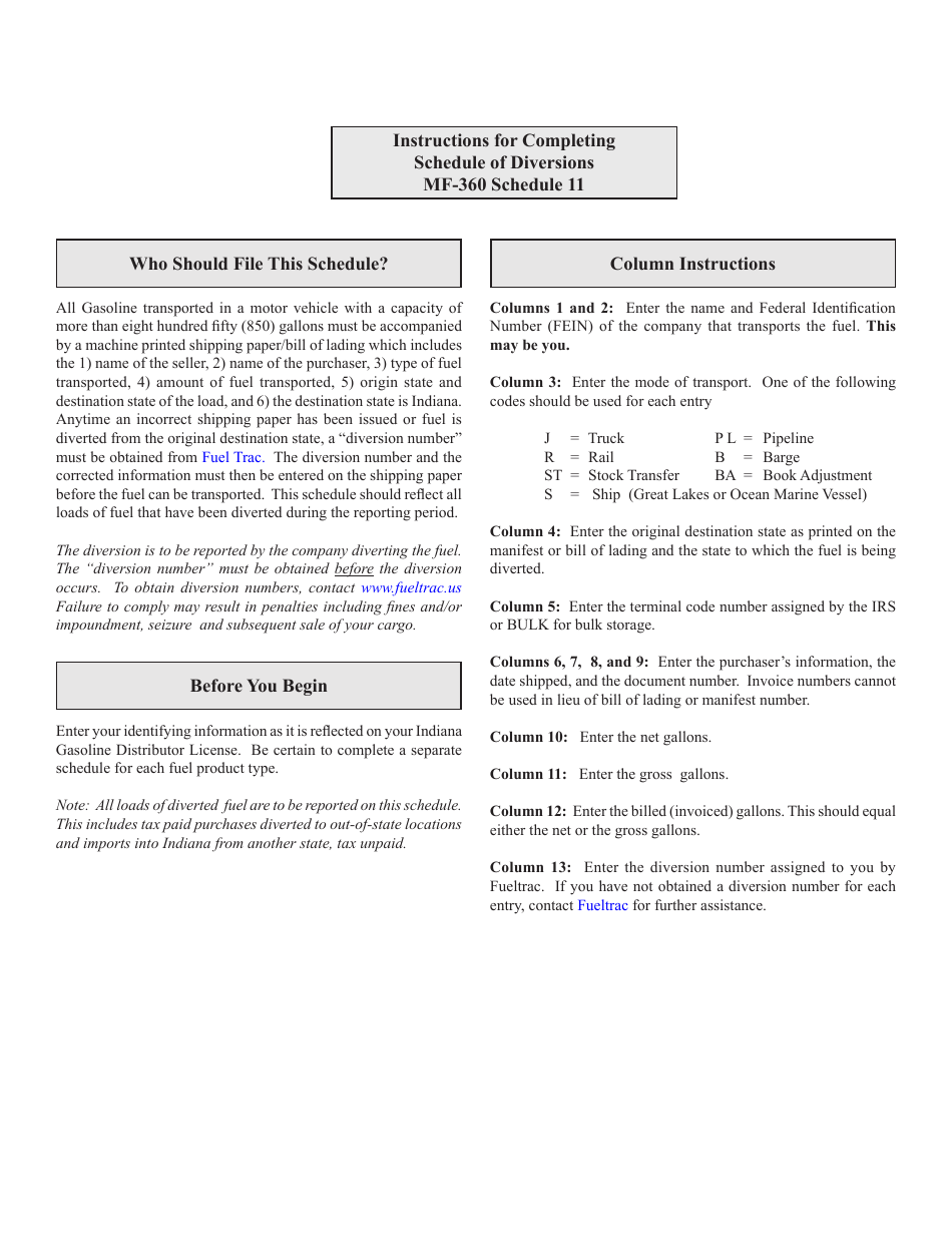 Form MF-360 (State Form 55345) Schedule 11 Schedule of State Diversion Corrections - Indiana, Page 2