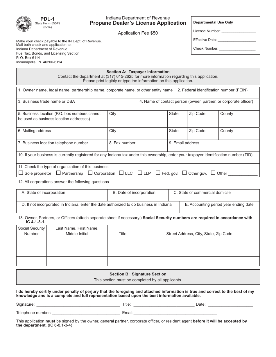 Form PDL-1 (State Form 55549) Propane Dealers License Application - Indiana, Page 1