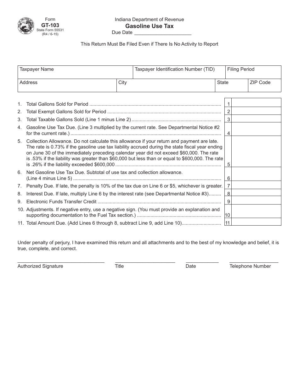 Form GT-103 (State Form 55531) Gasoline Use Tax - Indiana, Page 1