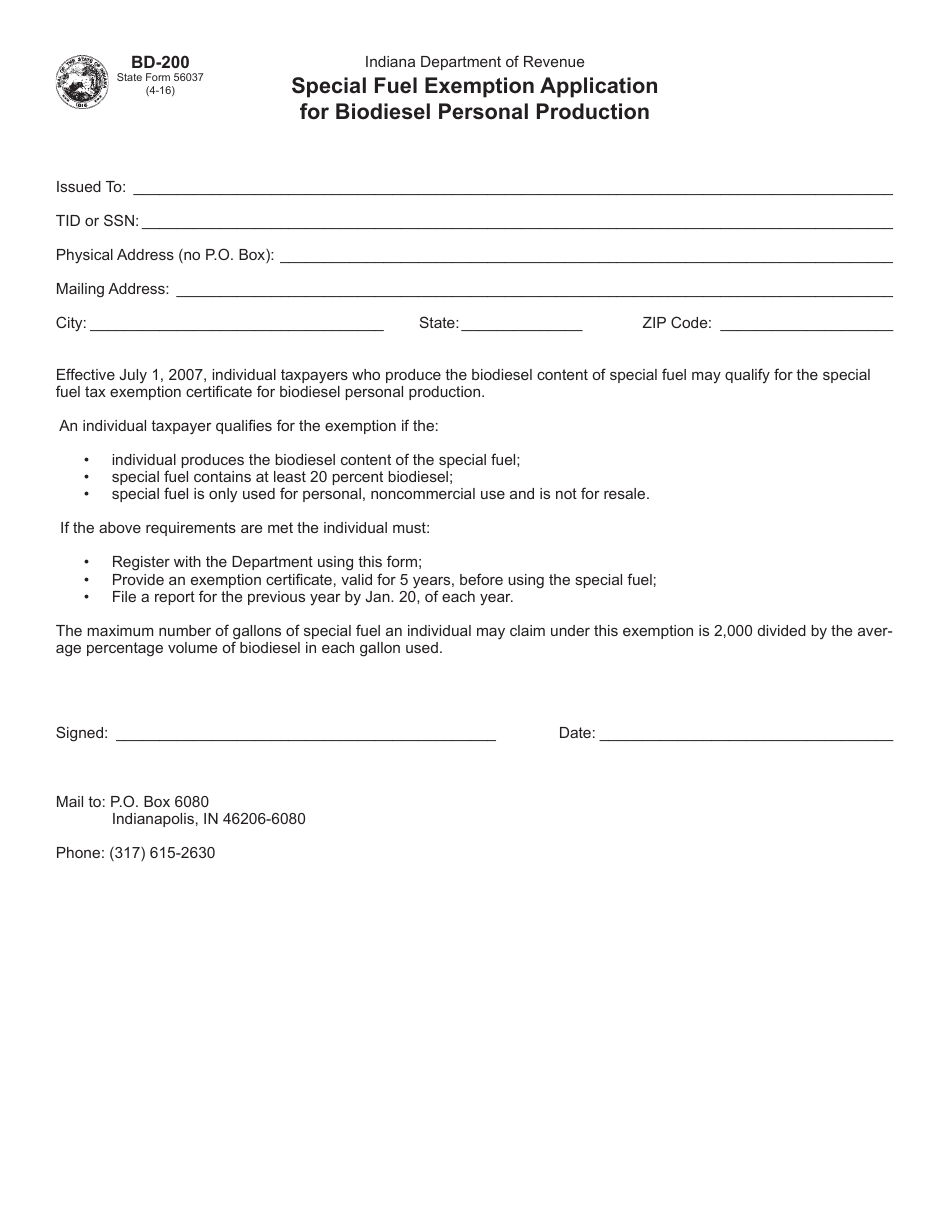 Form BD-200 (State Form 56037) Special Fuel Exemption Application for Biodiesel Personal Production - Indiana, Page 1