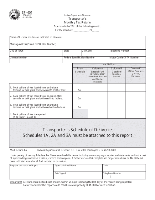 Form SF-401 (State Form 46287) Transporter's Monthly Tax Return - Indiana