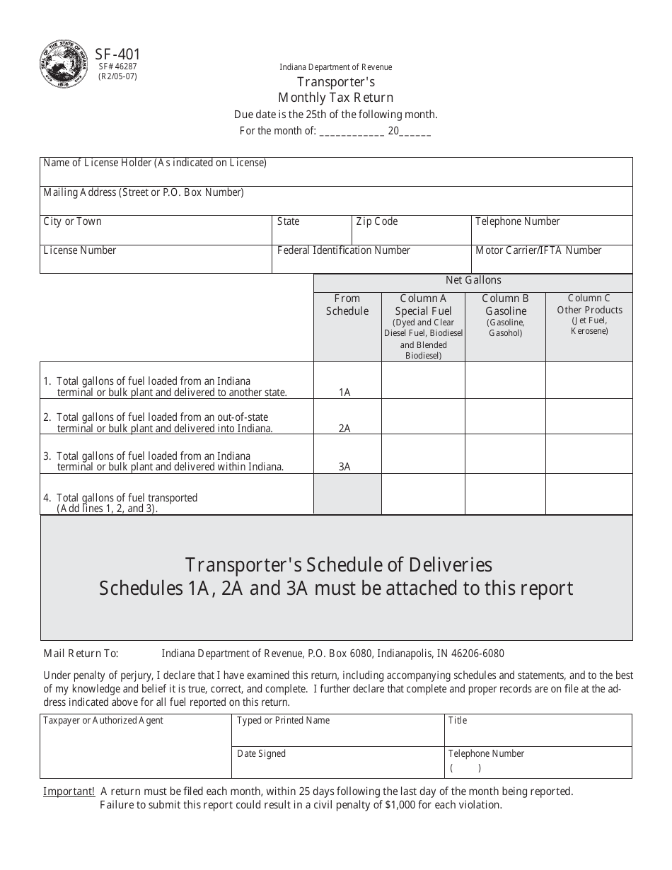 Form SF-401 (State Form 46287) Transporters Monthly Tax Return - Indiana, Page 1
