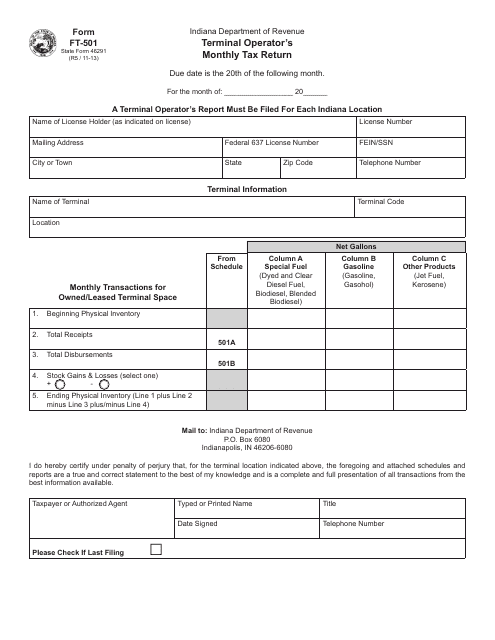 Form FT-501 (State Form 46291) Terminal Operators Monthly Return - Indiana