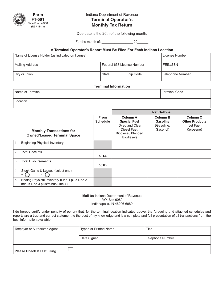 Form FT501 (State Form 46291) Download Fillable PDF or Fill Online