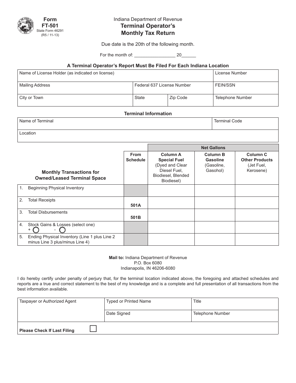 Form FT-501 (State Form 46291) Terminal Operators Monthly Return - Indiana, Page 1
