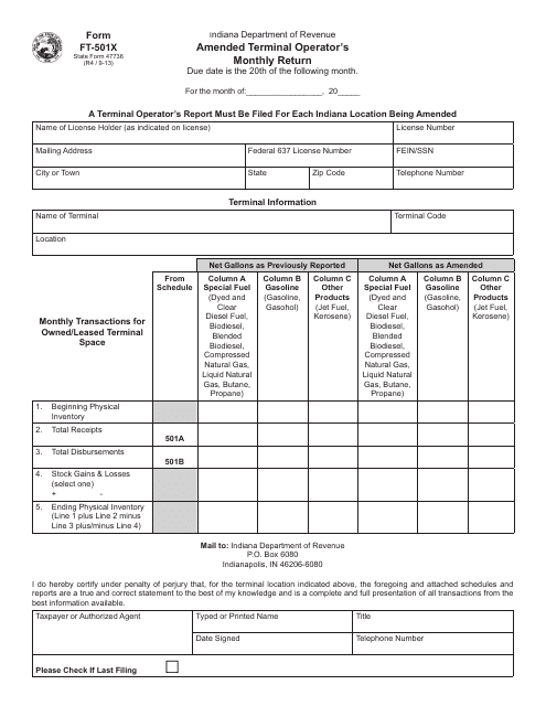 Form FT-501X (State Form 47736) Amended Terminal Operators Monthly Return - Indiana