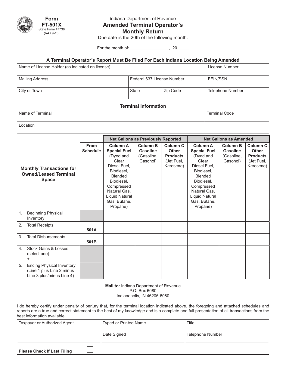Form FT-501X (State Form 47736) Amended Terminal Operators Monthly Return - Indiana, Page 1