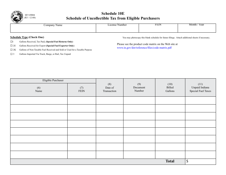 State Form 49084 Schedule 10E Tax Uncollectable From Eligible Purchasers - Indiana, Page 1