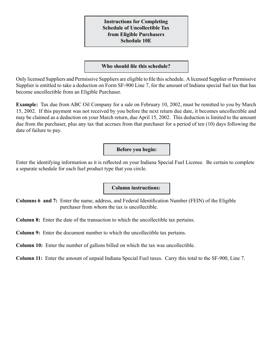 State Form 49084 Schedule 10E Tax Uncollectable From Eligible Purchasers - Indiana, Page 2