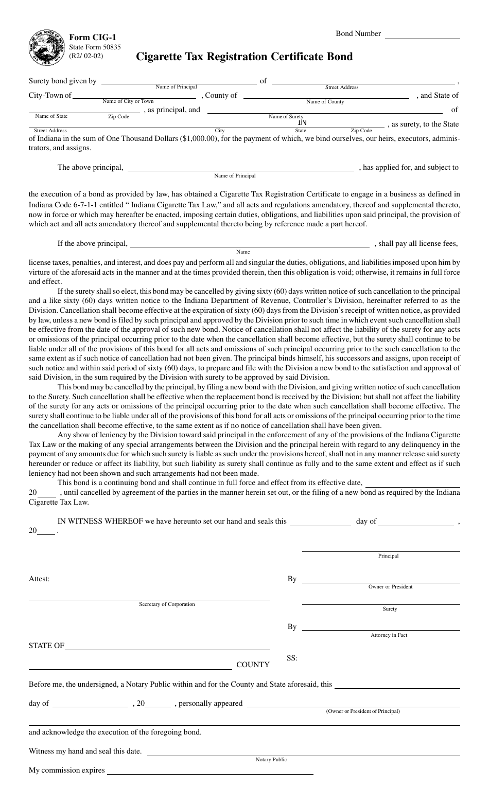 Form CIG-1 (State Form 50835) Cigarette Tax Registration Certificate Bond - Indiana, Page 1
