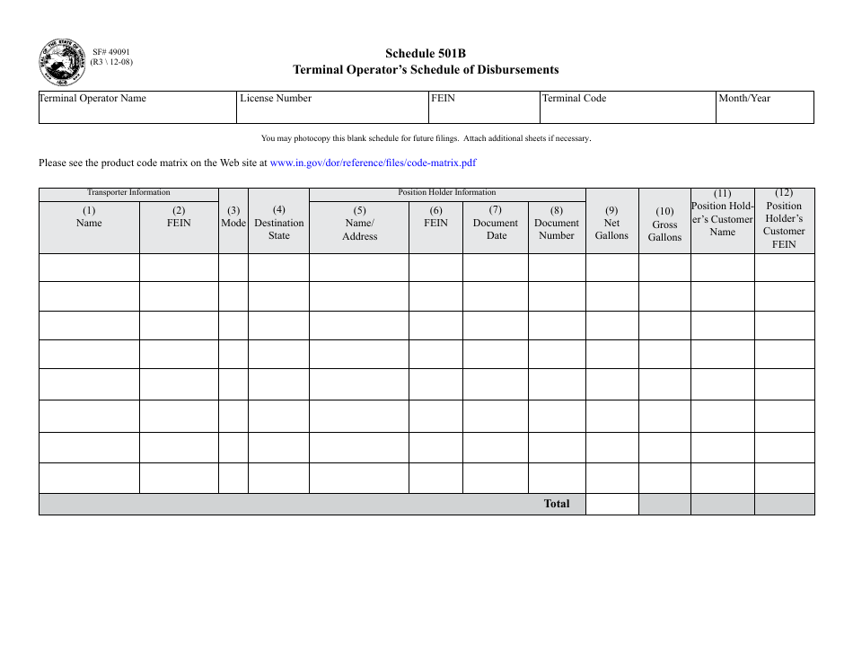State Form 49091 Schedule 501B Terminal Operators Schedule of Disbursements - Indiana, Page 1
