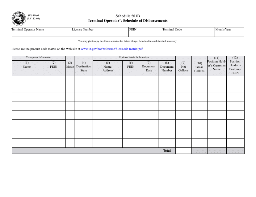 State Form 49091 Schedule 501B  Printable Pdf