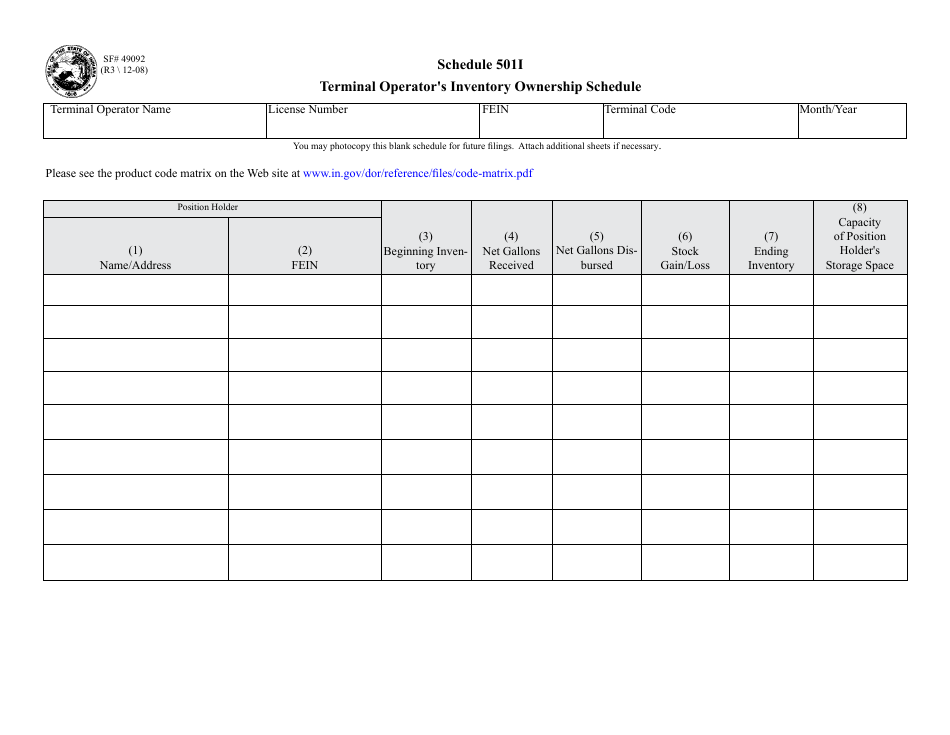 State Form 49092 Schedule 501I Terminal Operators Inventory Ownership Schedule - Indiana, Page 1
