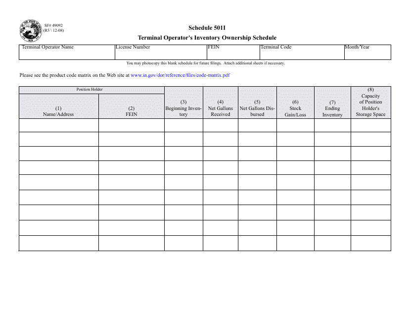 State Form 49092 Schedule 501I Terminal Operator's Inventory Ownership Schedule - Indiana