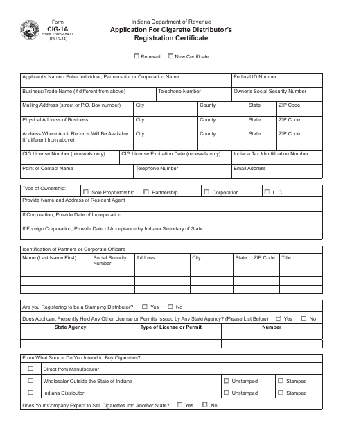 Form CIG-1A (State Form 48477)  Printable Pdf