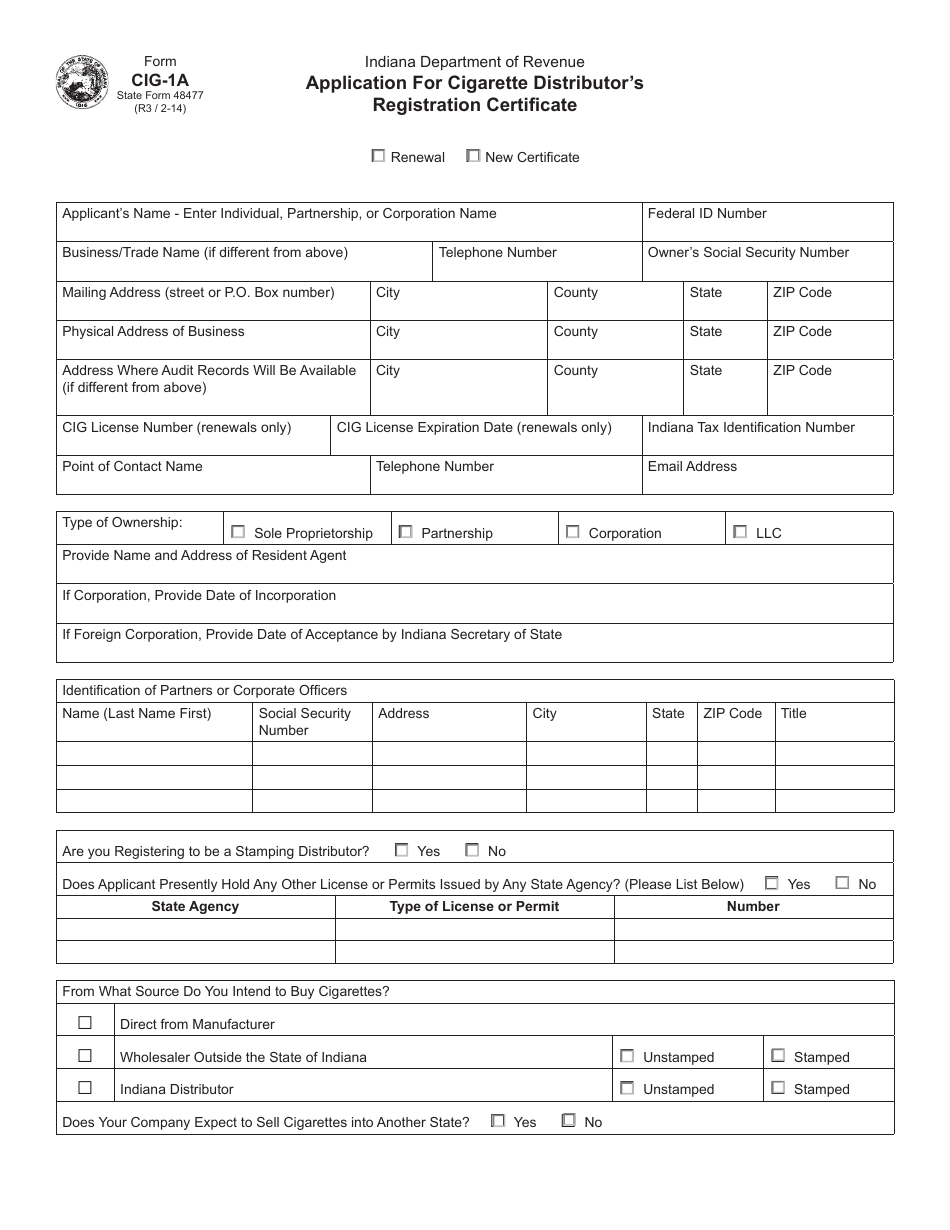 Form CIG-1A (State Form 48477) Application for Cigarette Distributors Registration Certificate - Indiana, Page 1