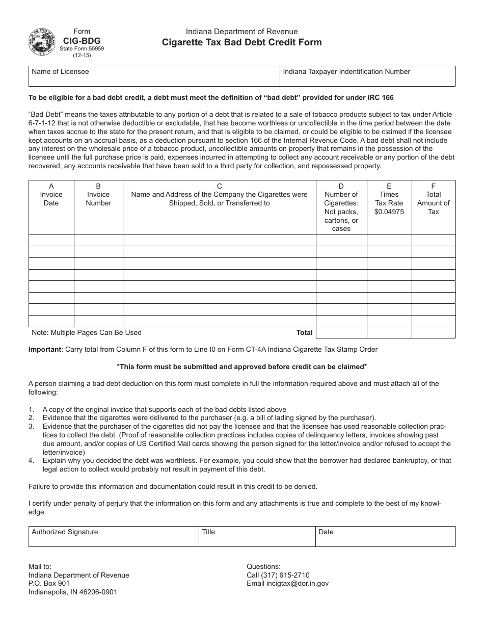 Form CIG-BDG (State Form 55959) Cigarette Tax Bad Debt Credit Form - Indiana, Page 1
